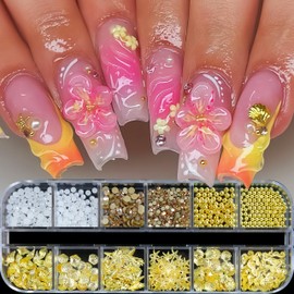 12Grids Summer Metal Nail Art Charms Gold Starfish Shell Conch Tropical Ocean Nail Rhinestones Gold Flatback Nails Gems Diamonds Cute Ocean Theme Designs Nails Jewelry for Women Acrylic Nail Supplies