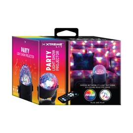 Xtreme RGB Party Light Show Projector, Unique Color/Flashing Patterns, 180-Degree Rotation, Power with 5V 1 Amp USB Power Adapter, 12V AC Adapter or 3 AA Batteries, Use Indoors/Outdoors