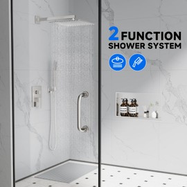 POPFLY Recessed 2-Function Shower System with 10" Square Rainfall Shower Head & High Pressure Handheld Spray – Wall Mounted Shower Faucet Set, Brushed Nickel Trim Kit with Rough-in Brass Valve