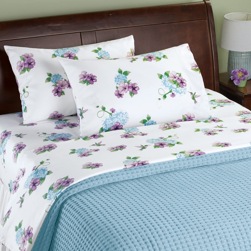 Collections Etc Humming Bird Floral 4-Piece White Sheet Set