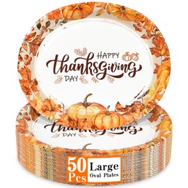 LIKAJON 50 Pcs Oval Thanksgiving Paper Plates, Disposable Heavy Duty Plates