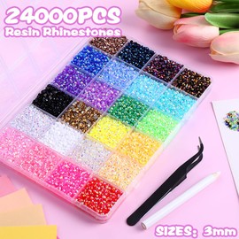 JOISHOP 24000pcs Nail Art Rhinestones, 24 Colors 3mm Flat Back Nail Gems Crystals Nail Rhinestones Bedazzling Kit with Pick Up Tweezers and Pen for DIY Crafts Clothes Shoes