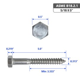 5/16 X 5 Hex Head Lag Screws Bolts, 304 Stainless Steel 18-8, Hexagon Head Wood Screws Hex Lag Screws, Pack of 5