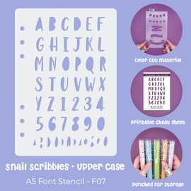 Lettering Font Stencil (Snail Scribbles Font - 20mm Tall) - Upper and Lower Case Alphabet + Numbers - Reusable Template - Perfect for Dotted Journal Bullet Planner, Scrapbook, Paper Craft, Card Making