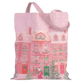 Loveinside Christmas Canvas Tote Bag for Women, Pink Village Snow Scene Grocery Shopping Bag, Christmas Reusable Shoulder Tote Bag, Holiday Gift Goodie Bag for Wrapping Storage, 13.8" x 15.7", 1 Pcs