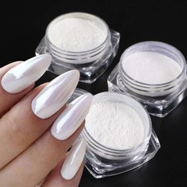 GZMAYUEN White Pearl Chrome Nail Powder, Mirror Effect Pearlescent Chrome Pigment Powder for Nails, Ice Aurora Nail Powder 3Pcs
