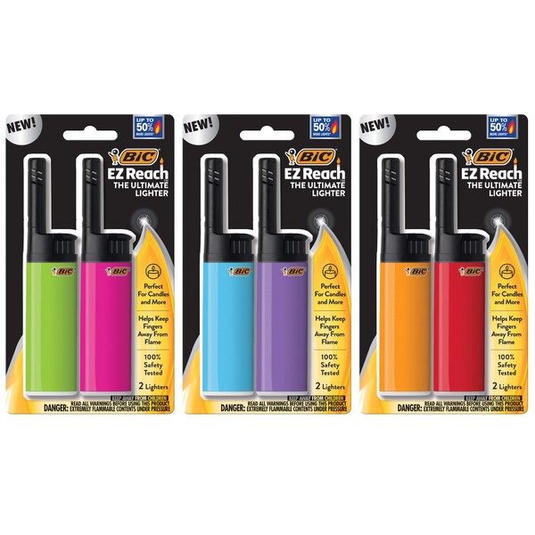 BIC EZ Reach Candle Lighter, The Ultimate Lighter with Extended Wand for Grills and Firepits (1.45-inch), 6 Count Pack Bic Long Lighter (Assortment of Colors May Vary)