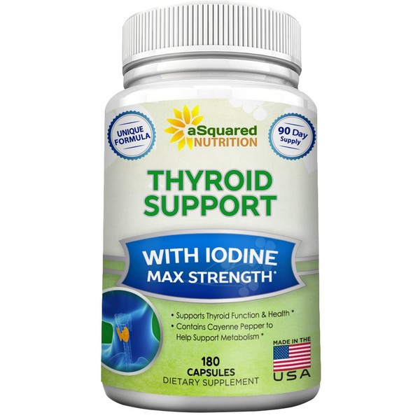 aSquared Nutrition Premium Thyroid Support Supplement with Iodine (180 Capsules) - Best Herbal & Vitamin Complex Pills w/ B12, Ashwagandha, Bladderwrack & Kelp - Helper for Healthy Hormone & Energy