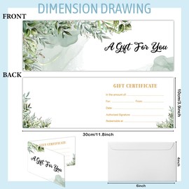 50 Sets Gift Certificates for Business, Blank Gift Cards Certificates with Envelopes, Gift Certificates for Salon Restaurants Spa Marriage Birthday Client Vouchers 11.8 x 3.9 Inch - Greenery