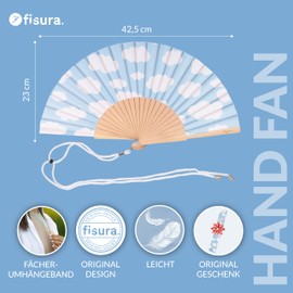 Fisura Wooden Cloud Fan Colourful Stylish Accessory Portable Blue Handheld Fan with Handy Hanger Perfect for a Fresh Summer Look Dimensions: 42.5 x 23 cm