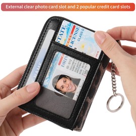 SENDEFN Women's Small Credit Card Holder with RFID Protection, Small Card Holder Wallet with 16 Compartments, Leather Card Holder with Zip and Key Ring, Black leopard, Fastened
