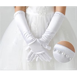 Guanti da Ragazza di Fiori Pincess Pearl - Lunghi Guanti di Raso da Principessa Con Perline per Abito da Sposa e Comunione - Accessori per Decorazioni Feste di Nozze