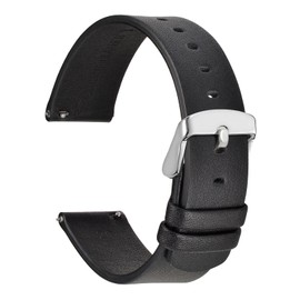Wocci Thin Flat Watch Straps for Men and Women, Top Grain Leather, Quick Change Replacement Straps, 18 mm / 20 mm / 22 mm, Black (silver buckle), 20mm