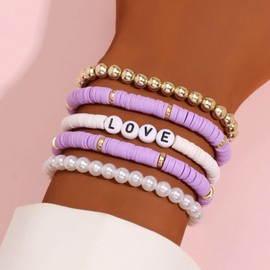 Clataly 5Pcs Colorful Soft Pottery Bracelets Letter LOVE Bracelets Stackable Elastic Beaded Bracelets Jewelry for Women Girls (Purple)
