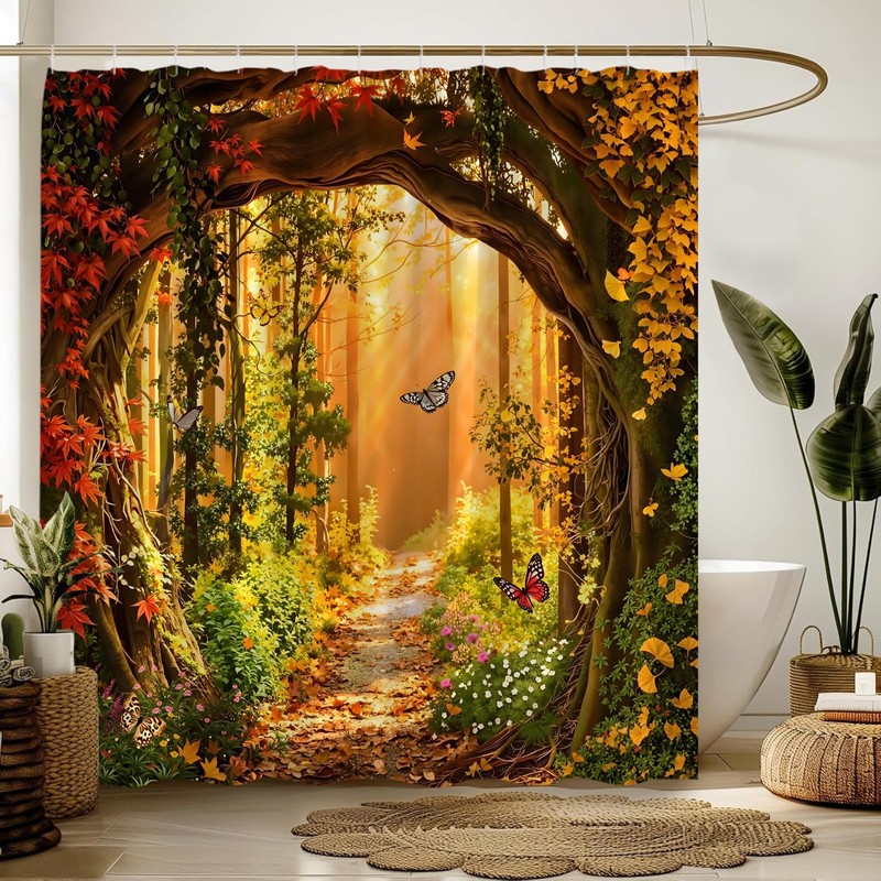 Fall Forest Shower Curtain Set,Autumn Bathroom Decor Curtain