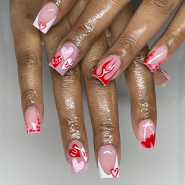 24 Pcs Heart Press on Nails Cute Nails Valentine Press on Nails Short RIICFDD Square Fake Nails White French Acrylic Nails Flame Stick on Nails XOXO Glue on Nails Full Cover False Nails for Women