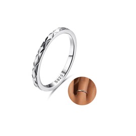 Milacolato 925 Silver Ring For Women Girls, 18K White Gold Plated Sterling Silver Ring Band Rings, 1.5mm Geometric Diamond Cut Surface Engagement Promise Finger Ring, Size 52-65, Silver