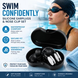 Swimming Earplugs & Nose Clip Set for Adults – Reusable Silicone Water Sports Kit with Storage Box