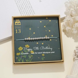 Happy 13 Year Old Gifts for Girls - Sterling Silver Bead Bracelet for 13th Birthday Gift, Adjustable Jewelry 7" - 9" Cord