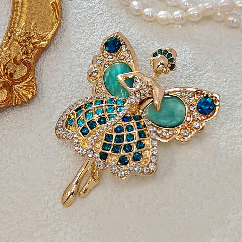 Enchanting Gold - toned Ballerina Fairy Brooch with Turquoise &