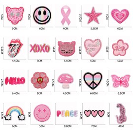 20 Pieces Pink Embroidered Iron On Patches DIY Accessories, Bright Colors Cute Iron On Patch Applique for Clothes, Dress, Hats, Jeans, Bag, Backpack, DIY Accessories Embroidered Iron on Patches