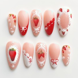 Strawberry Press on Nails Medium Almond Strawberries Fake Nails Cute Pearl Bow Tie Rhinestones Design Bows Strawberry Acrylic Nails Red French False Nails Fruit Full Cover Artificial Nails for Women