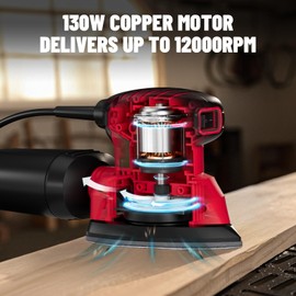 DLS03A 1.1 Amp Detail Sander, Efficient Dust Collection, 12000 RPM Compact Palm Sander with 12 Pcs Sanderpapers, Low Vibration, Lightweight Hand Sander for Wood and Steel - Red