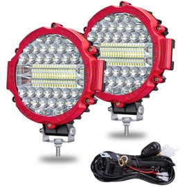 7 INCH Round LED Light Bar MUVKQC 201W Off-Road Driving Lights 21000lm LED Work Lights Pod with Wiring Harness for Pickup SUV ATV UTV Trucks Tractor (2PCS 201W Red+1 Set 2-Lead Wiring Harness)