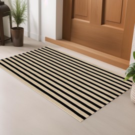 LEEVAN Outdoor Door Mat - 2'x3' Washable Welcome Mat, Woven Black and White Striped Entryway Rug for Farmhouse Front Porch and Outside Entrance