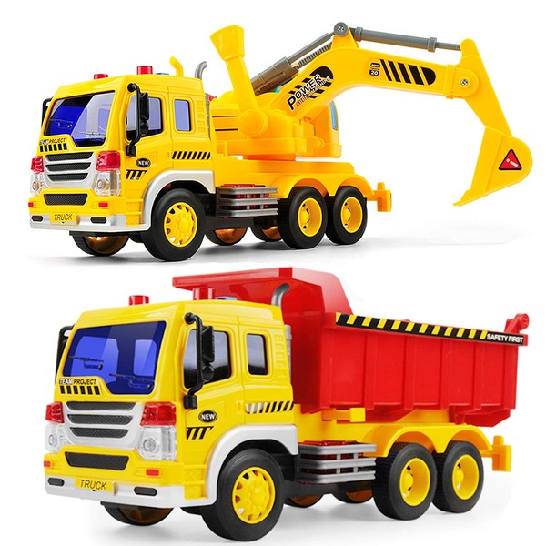 Gizmovine 2 PCs Dump Truck Toy Friction Power with Lights and Sounds, Excavator Tow Toy Truck Pull Back Construction Toys Tractor Vehicles for Toddlers Boys 4, 3, 2 Year Old, 1:16 Scale