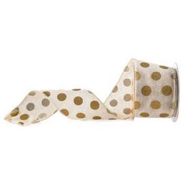 2 1/2" Natural Wired Edge Ribbon with Gold Dots - 5 Yards