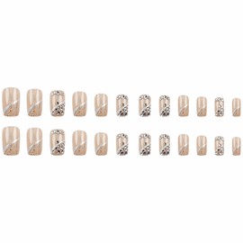 MISUD Press on Nails Short Square Fake Nails Glossy Glue on Nails Bling Glitter Acrylic Nails Squoval Artificial Nails Nude Gel Stick on False Nails with Rhinestone Design 24 pcs