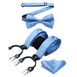 HISDERN Suspenders for Men Blue Paisley Suspender & Pred-Tie Bowtie Pocket Square Sets Sky Blue Floral Adjustable Y Shape 6 Clips Wedding Braces