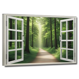 ZHIYYHAO Window View of Green Forest Canvas Wall Art Framed Field Nature Wilderness Canvas Prints Artwork for Living Room Bedroom Office Home Decor Ready to Hang（W-6，18.00L X12.00W''）
