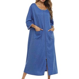 Bloggerlove Plus Size Nightgowns Robe for Women Zipper Front Long Bathrobe Striped Loungewear with Pocket Plus Size Sleepwear Cozy Pajamas