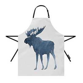 Moslion Moose Apron 31x27 Inch Cute Christmas Animal Moose with Big Horns Winter Snow Kitchen Chef Waitress Cook Aprons Bib with Adjustable Neck for Women Men Girls Blue White
