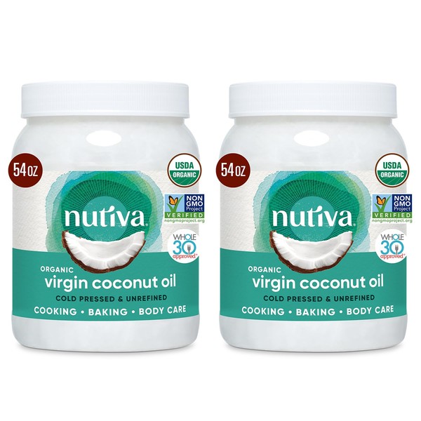 Nutiva Organic Coconut Oil 54 fl oz, Cold-Pressed, Unrefined Cooking Oil, Natural Hair Oil, Skin Oil, Massage Oil, USDA Organic, Extra Virgin Coconut Oil (Aceite de Coco) (Pack of 2)