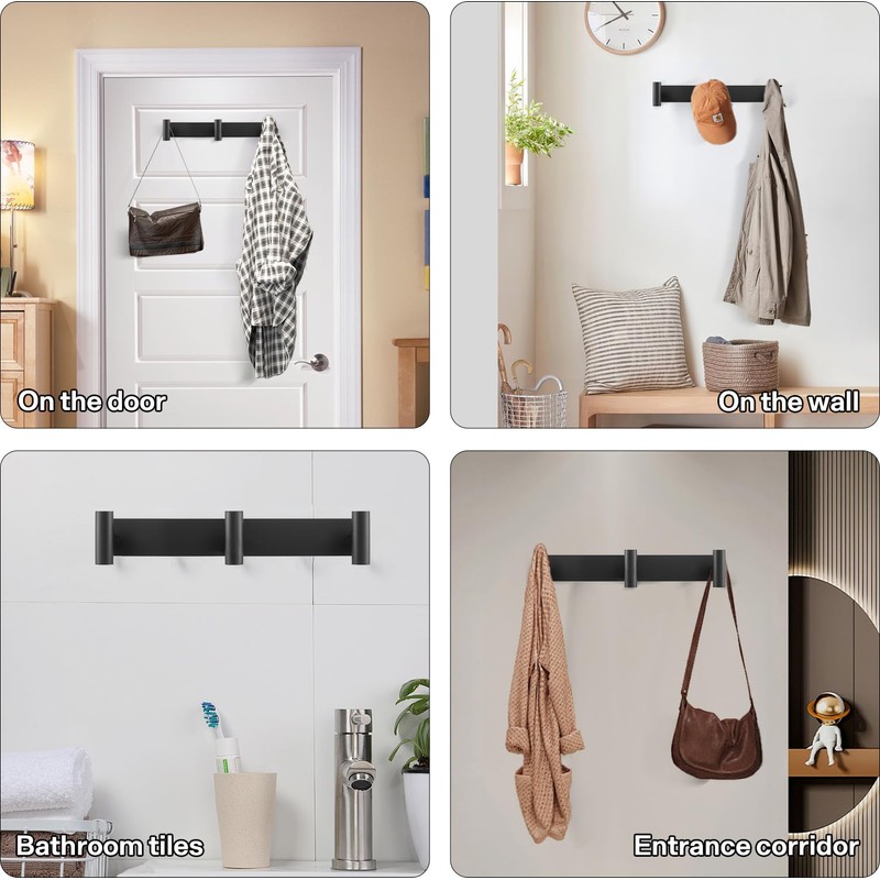 Black Coat Hooks, Wall Mounted Coat Rack – 3 Hoooks
