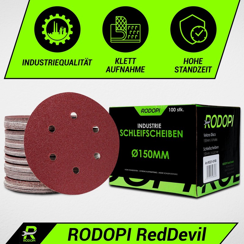 RODOPI RedDevil Sandpaper 150 mm Velcro Sanding Discs Grit 40-320