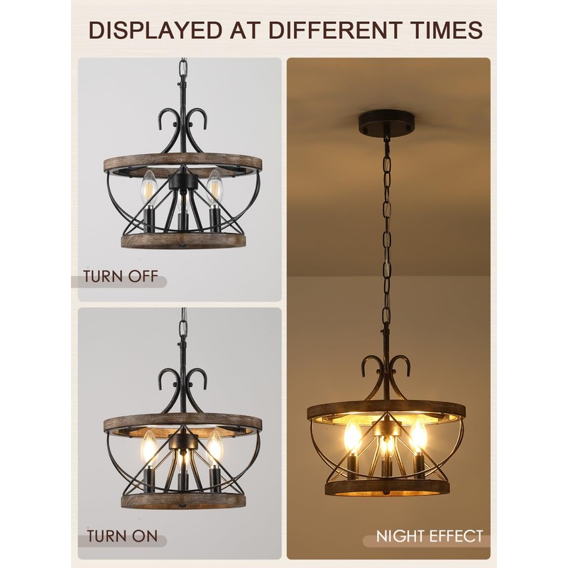 12 Inch Farmhouse Wood Chandelier Light Fixture, 3-Light French Country