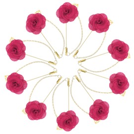 M METERXITY 10-Pack Camellia Flower Lapel Pin for Men Suit, Camellia Brooch Pin with Gold Leaf Brooch for Wedding Accessories/Suit Tuxedo Corsage Party Brooch [Rose Red]