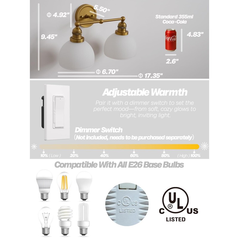 Teqinchy 2-Light Gold Wall Sconces,Vintage Bathroom Wall Sconce Light with