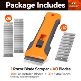WRAPXPERT Razor Blade Scraper, Razor Scraper Tool with 30pcs Extra Blades for Glass, Window Scraper, Glass Scraper, Blade Razor Retractable for Removing Glue, Paint, Stickers, Labels