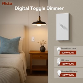 AIDA Digital Toggle Dimmer Switch for Dimmable LED, CFL & Incandescent Bulbs, Single Pole/3-Way, Screwless Wall Plate Included, UL Listed, No Neutral Wire, Matte White (1 Pack)