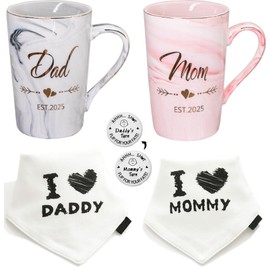 Mugpie Dad and Mom EST 2025 Couple Mugs with I Love Mommy/Daddy Bibs Decision Coin - Cute New Parents Gifts First Time Pregnancy Gifts for New Mom Parents to be Baby Shower Mother's Day Father's Day