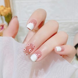 24 Pcs Removable Solid Color Nail Tips, Solid Color Nail Tips, Small White Flowers
