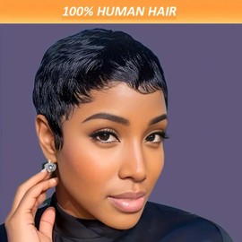 VRZ Pixie Cut Wig Human Hair Short Pixie Wigs for Black Women Human Hair Glueless Full Machine Made Glueless Wear and Go Wig Color 1B