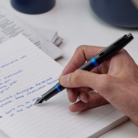 Parker IM Vibrant Rings Fountain Pen | Satin Black Lacquer with Marine Blue Accents | Fine Point with Blue Ink Refill | Gift Box