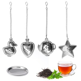 4 Styles Stainless Steel Loose Tea Infuser with Extended Chain, Tea Filter Cup Tea Infuser with Palette, Small Tea Strainer for Loose Tea, Heart Tea Can Star Tea Filter for Loose Tea, for Herbs and