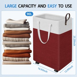HomeHacks Laundry Basket with Wheels, Rolling Laundry Hamper, Collapsible & Waterproof Clothes Hamper, Narrow Corner Clothes Bins with Extended Handles for Clothes in the Family & Dorm (90L, Red)